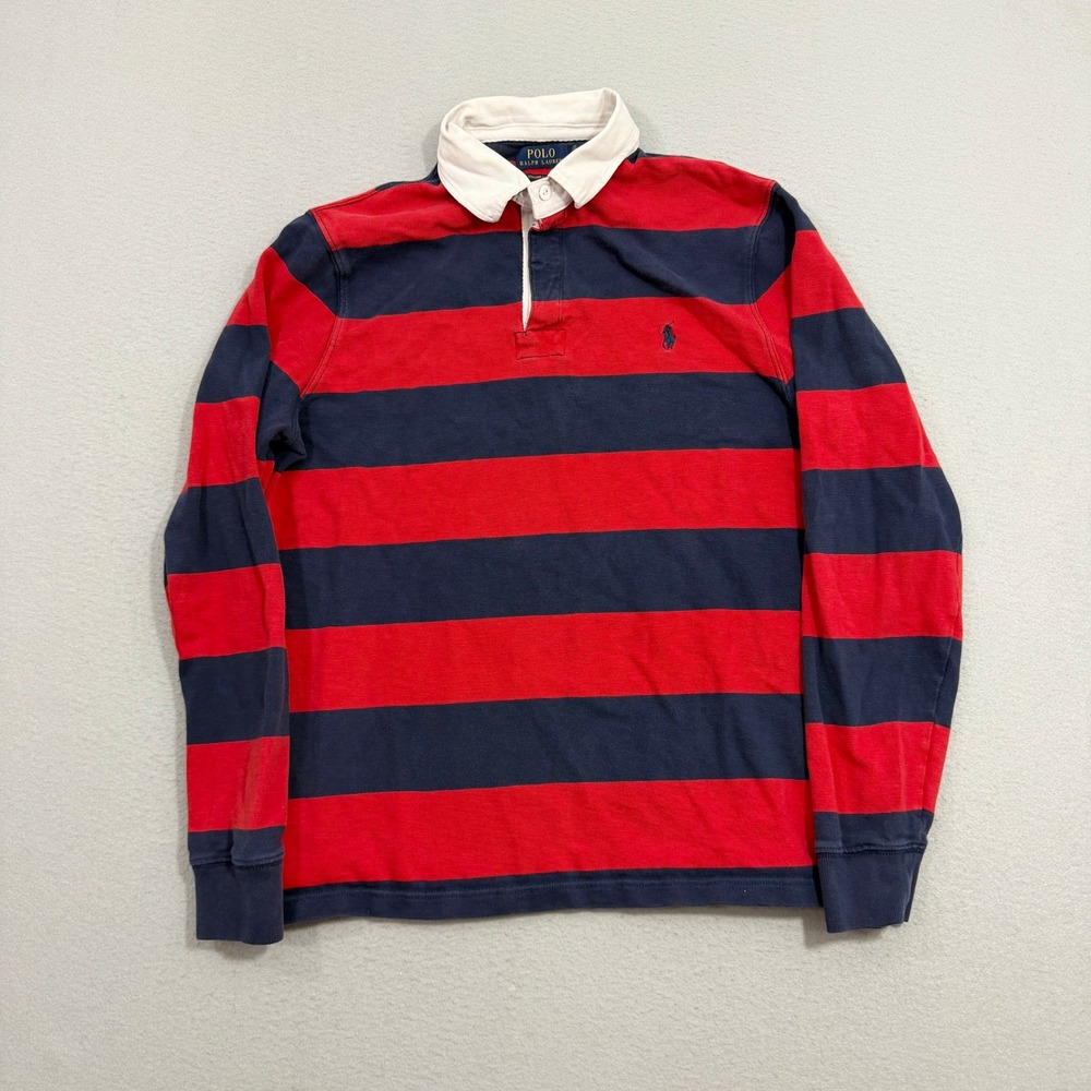 Polo Ralph Lauren Rugby Shirt Mens Large Red Blue Striped Custom Slim Fit LS